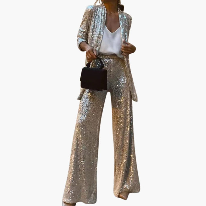 Conjunto de blazer de lentejuelas y pantalones anchos para mujer