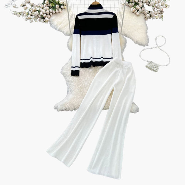 Completo da donna con cardigan con cerniera e pantaloni a gamba larga con fantasia