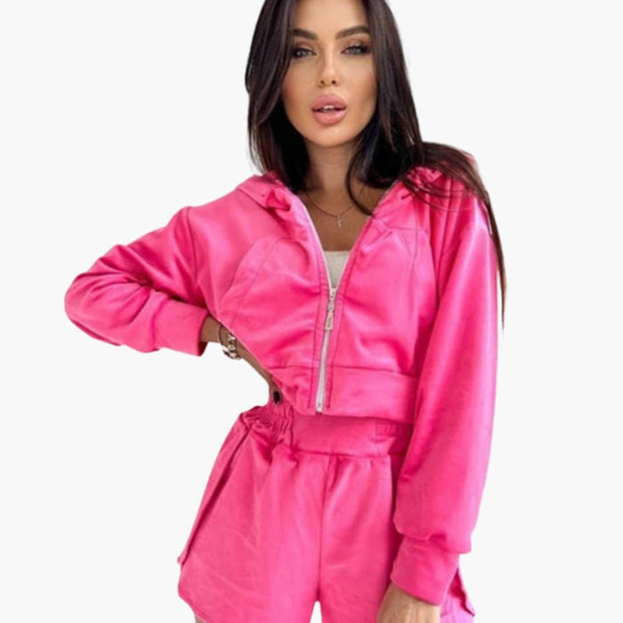 Conjunto para mujer con sudadera corta con capucha y pantalones cortos con cremallera y cintura elástica