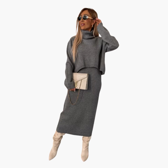 Damen-Strickset mit Rollkragenpullover und langem Rock
