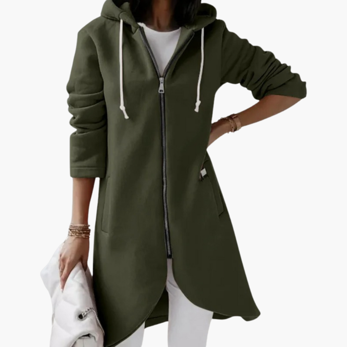 Sweat à capuche long pour femme avec fermeture éclair et poches latérales