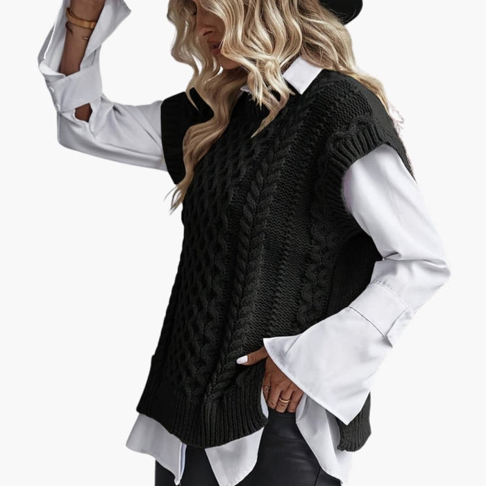 Cardigan sans manches en maille torsadée pour femme avec col rond