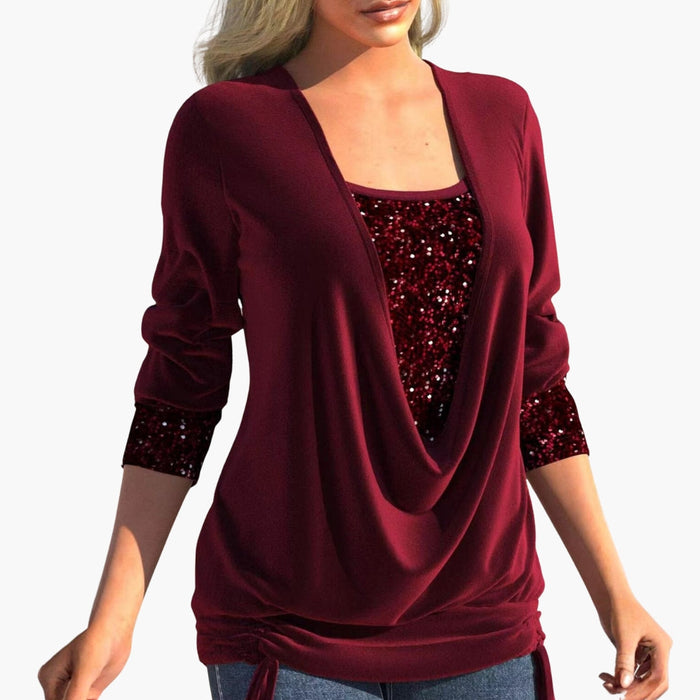 Top drapé pour femme sur le devant, avec empiècements à sequins