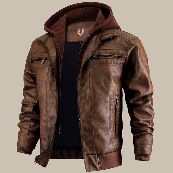 Herren-Lederjacke mit Kapuze und Reißverschluss, braun, im Motorradstil