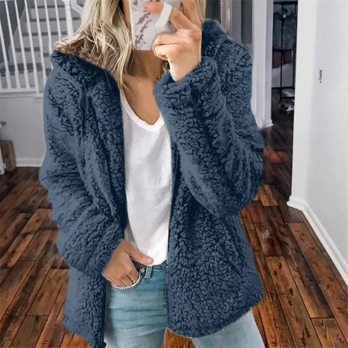 Veste en polaire effet peluche à capuche pour femme, fermeture zippée sur le devant