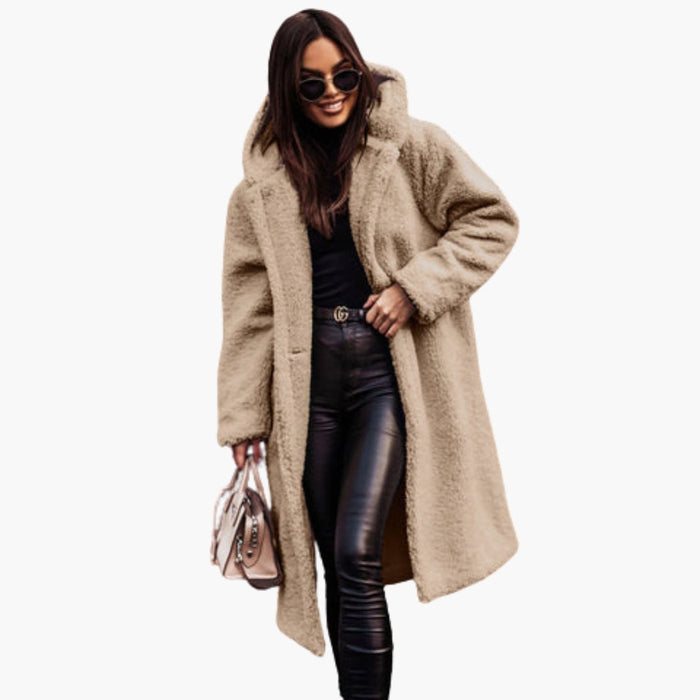 Langer Teddy-Mantel für Damen mit Kapuze