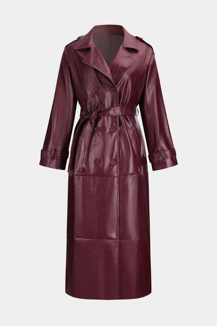 Gabardina de cuero sintético para mujer con cinturón Burgundy