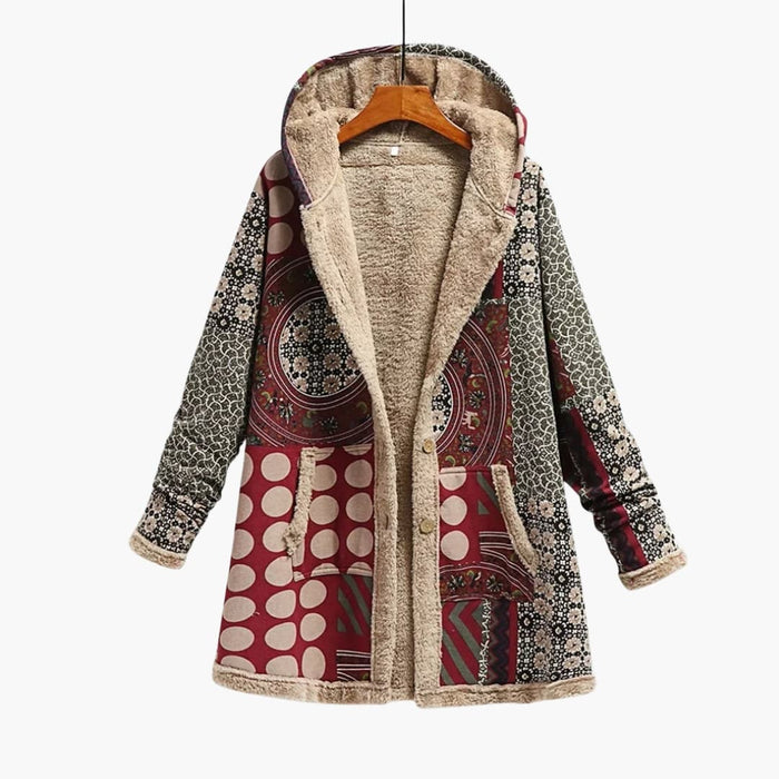 Damefrakke med hætte i patchwork og fleecefor