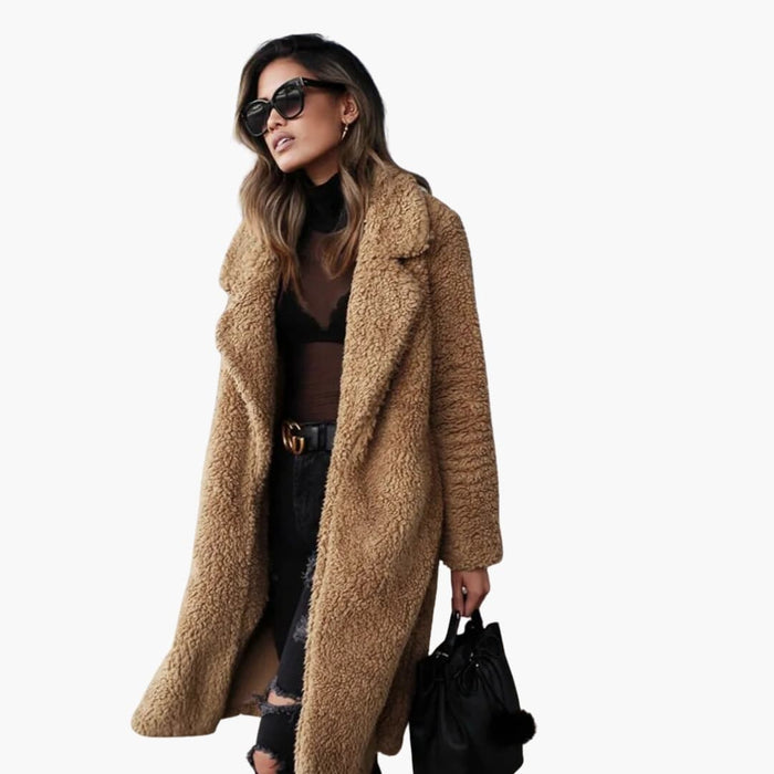Cappotto lungo da donna con colletto a revers e superficie effetto pelliccia