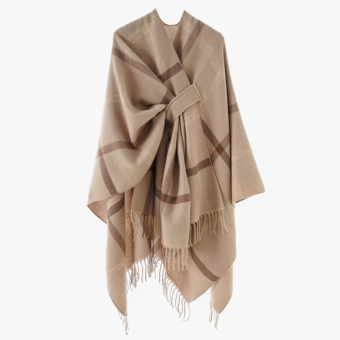 Dame Cape-Poncho med Bindebånd og Frynser