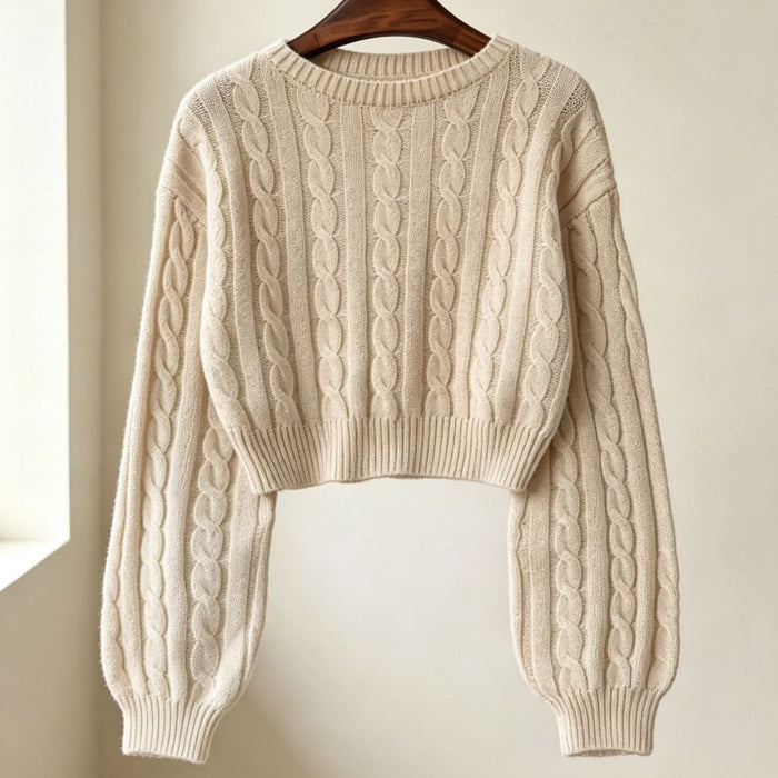 Pull court pour femme avec maille torsadée et manches ballon