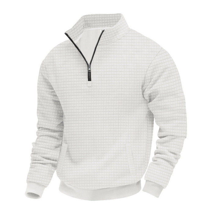 Herrenpullover mit halbem Reißverschluss, gerippter Struktur und Stehkragen