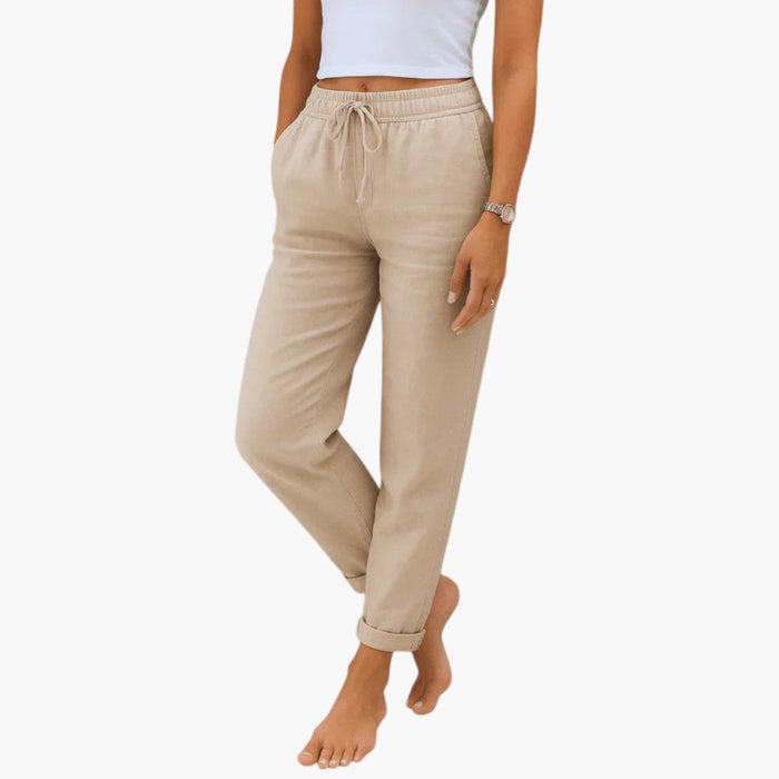 Pantalon en lin pour femme à taille élastique et cordon de serrage