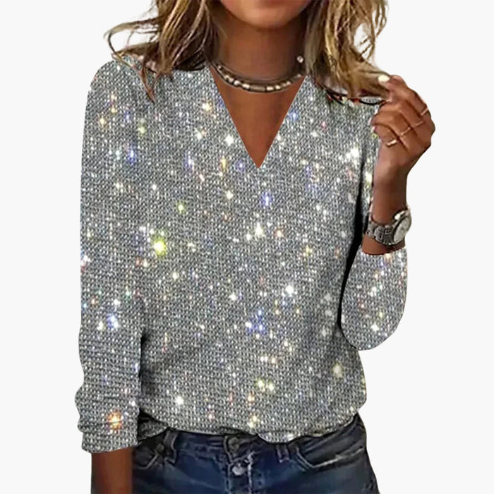 Pull Femme Col V med Pailletter og Lange Ærmer
