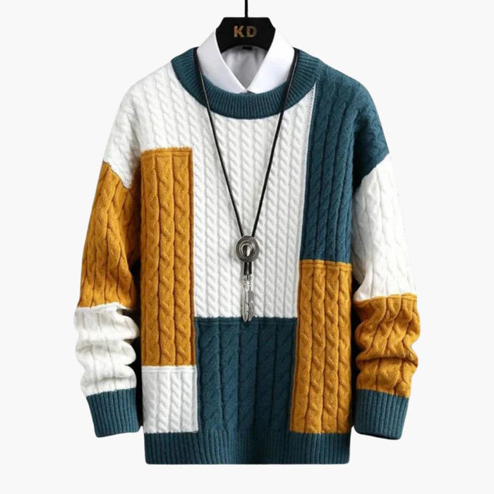 Herren-Strickpullover mit Rundhalsausschnitt, Zopfmuster und Colorblock-Design