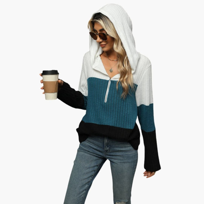 Felpa con cappuccio da donna a blocchi di colore con mezza cerniera
