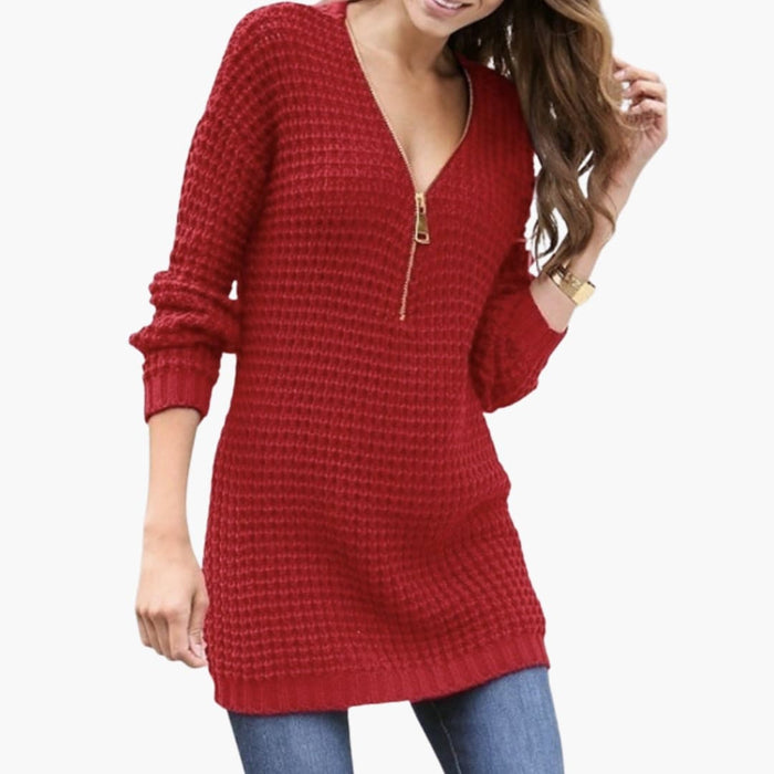 Grobstrickpullover für Damen mit V-Ausschnitt und Reißverschluss vorne
