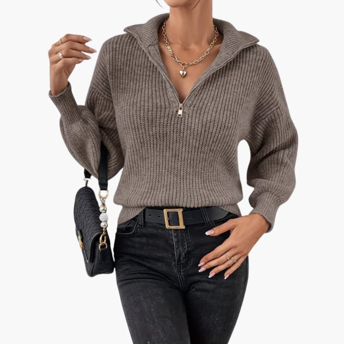 Damenstrickpullover mit Stehkragen und halbem Reißverschluss