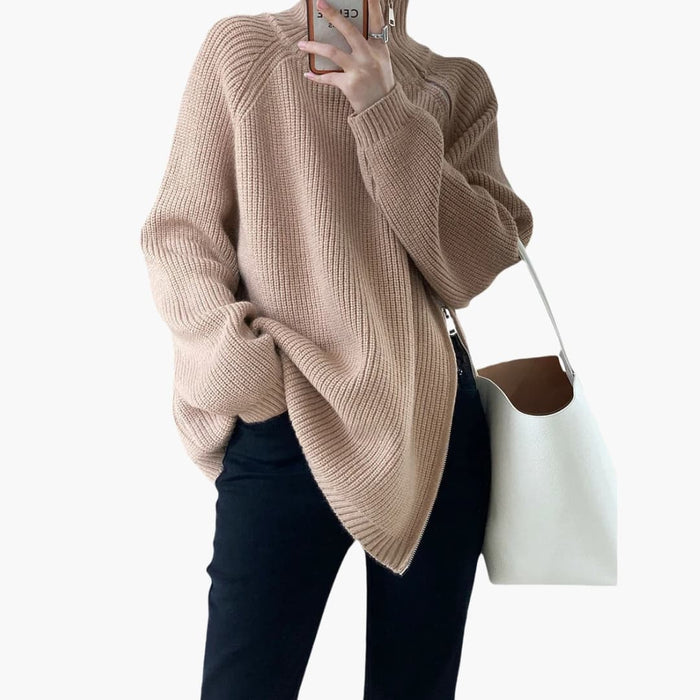 Pull en maille pour femme avec fermeture éclair sur le côté et col montant