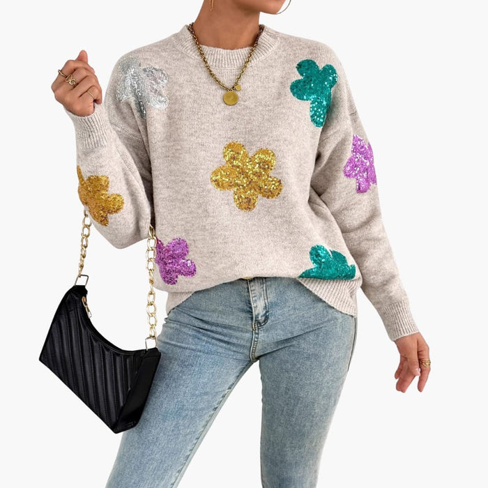 Damenstrickpullover mit Rundhalsausschnitt und Blumenapplikationen