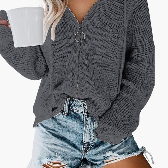Jersey de punto para mujer, con cremallera y cuello de pico