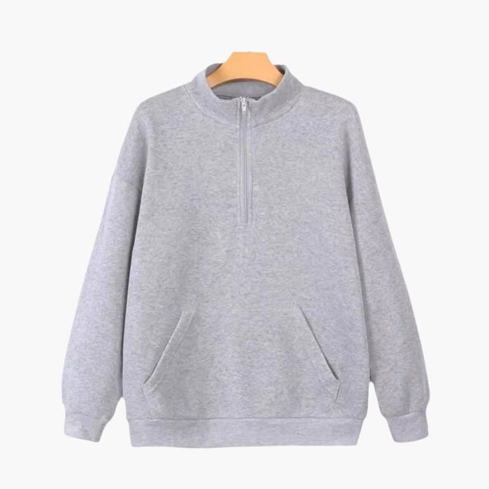 Dame sweater med høj krave, lynlås og lommer foran
