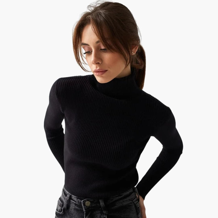 Damepullover med høj hals i ribstrik