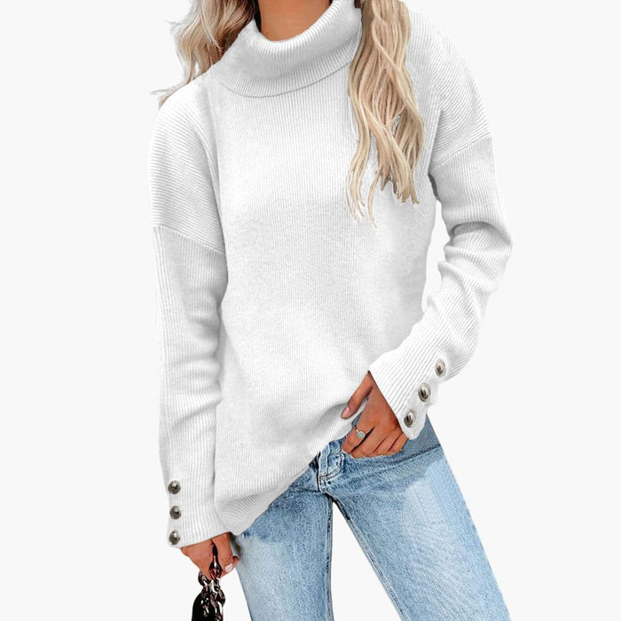 Pull en maille pour femme à col montant et poignets boutonnés