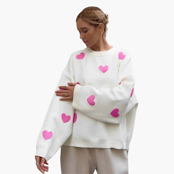 Dame sweater med rund hals og hjerte mønster