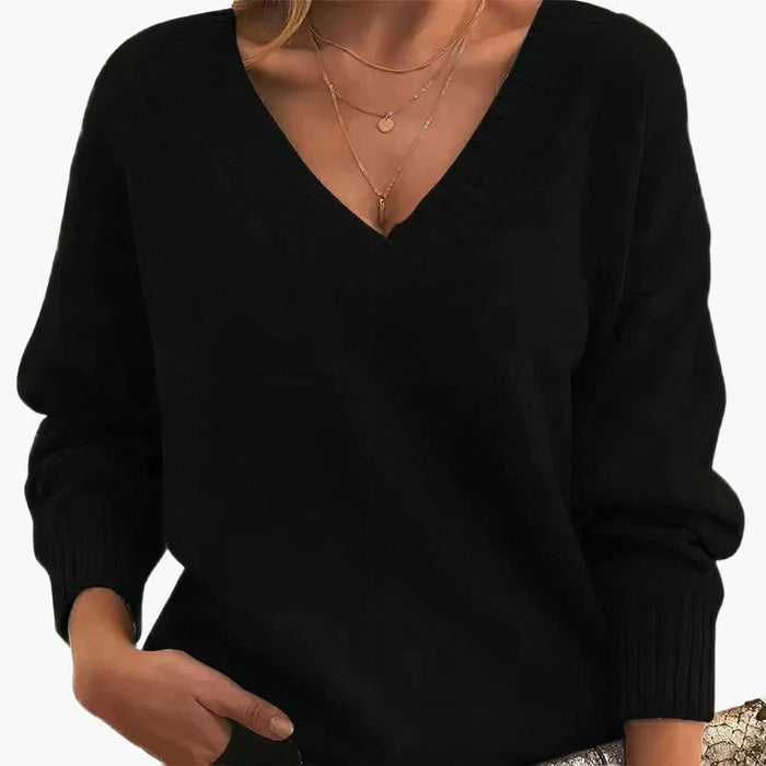 Dame V-hals sweater med ribbede kanter
