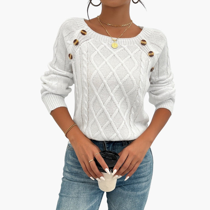 Maglione da donna con lavorazione intrecciata, girocollo e dettagli con bottoni