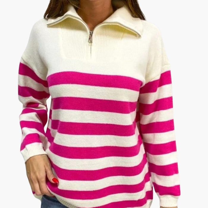 Randig pullover för damer med hög krage och dragkedja