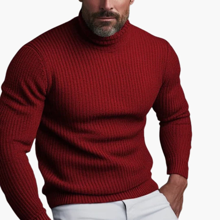 Suéter de cuello alto de punto acanalado para hombre en rojo oscuro
