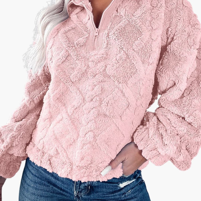 Maglia in pile da donna con mezza cerniera e motivo geometrico a diamante in rilievo