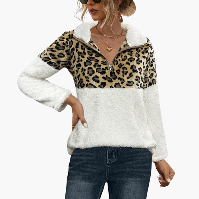 Maglia in pile da donna con mezza cerniera e stampa leopardata