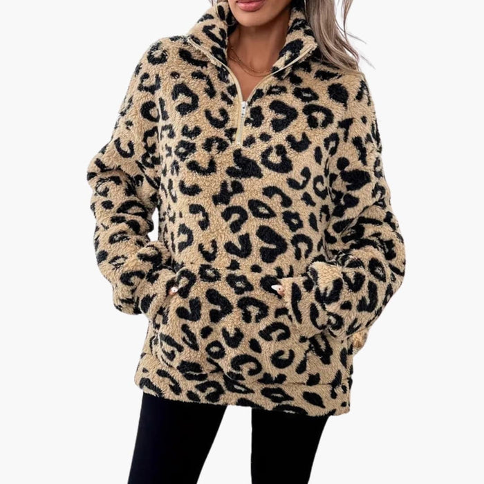 Felpa in pile da donna con stampa leopardata e mezza cerniera