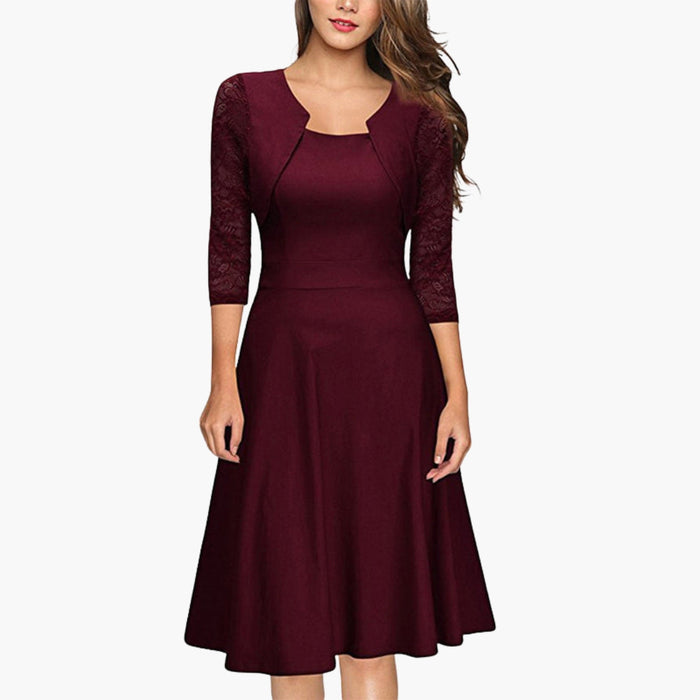 Midi-Kleid für Damen mit Spitzenärmeln und A-Linien-Rock