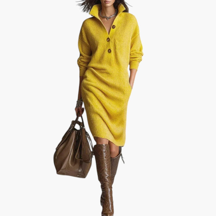 Vestido mini de mujer con cuello abotonado y superficie de punto acanalado