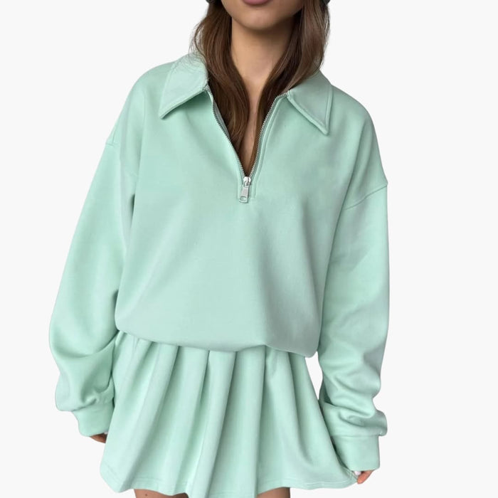 Langarmkleid für Damen mit halbem Reißverschluss und plissiertem Saum