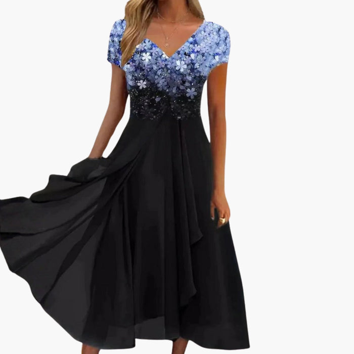 Robe de soirée pour femme à col en V et motifs floraux sur la poitrine
