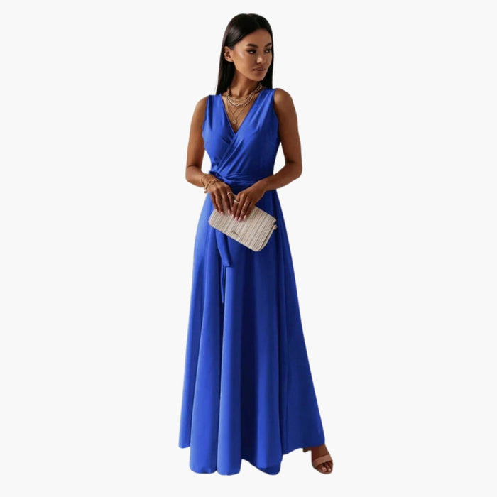 Vestido largo para mujer con escote en V y lazo en la cintura