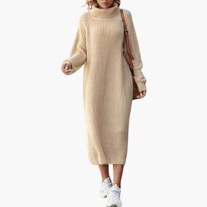 Langes Damenkleid im Pulloverstil mit hohem Kragen und langen Ärmeln