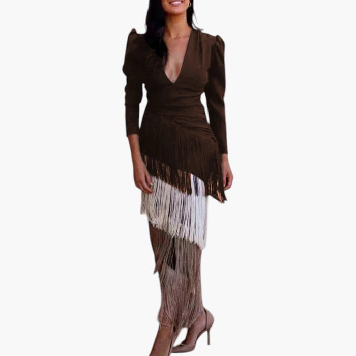 Robe longue femme à franges et taille ajustée