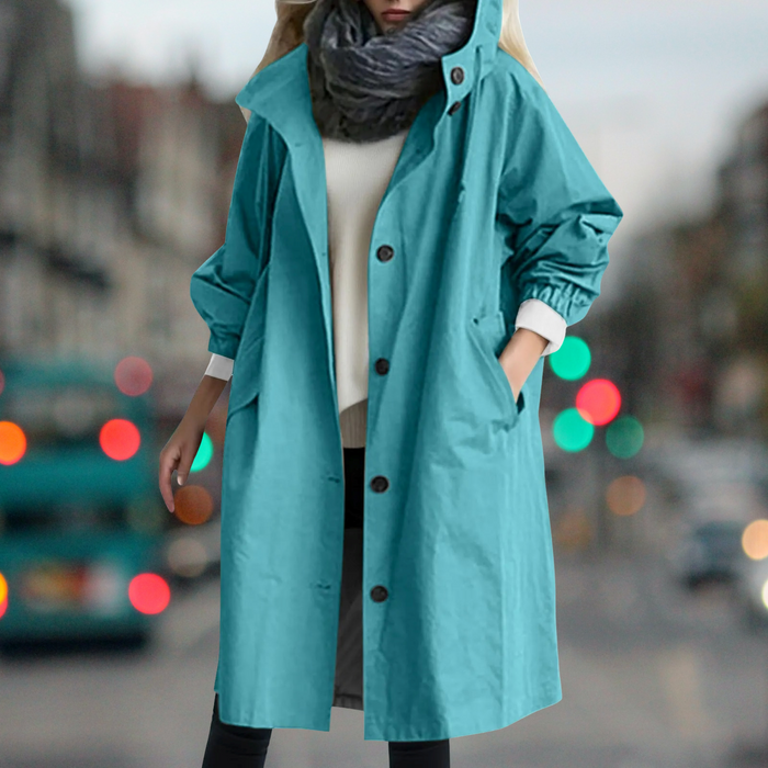 Damtrenchcoat med knäppning och dold huva för regn