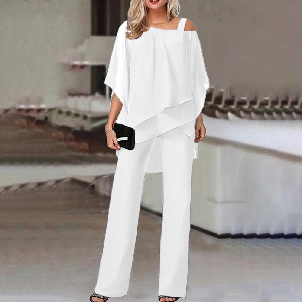 Dame Elegant Jumpsuit med Cold Shoulder i Let Chiffon