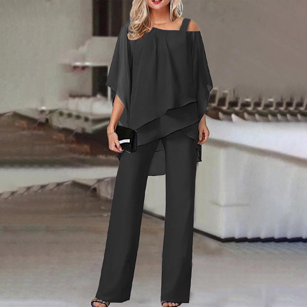 Dame Elegant Jumpsuit med Cold Shoulder i Let Chiffon