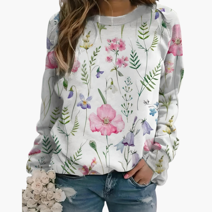 Sweatshirt med blomsterprint til kvinder med rund hals og lange ærmer
