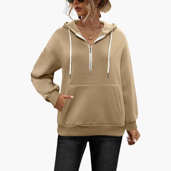 Felpa con cappuccio da donna, mezza cerniera e tasca a marsupio, rosa chiaro