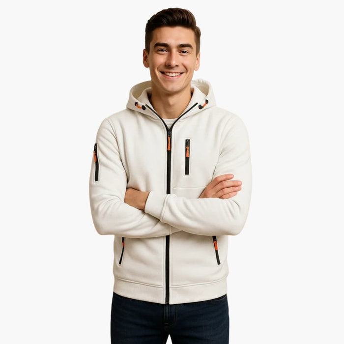 Veste à capuche zippée pour hommes avec plusieurs poches et fermetures éclair contrastantes
