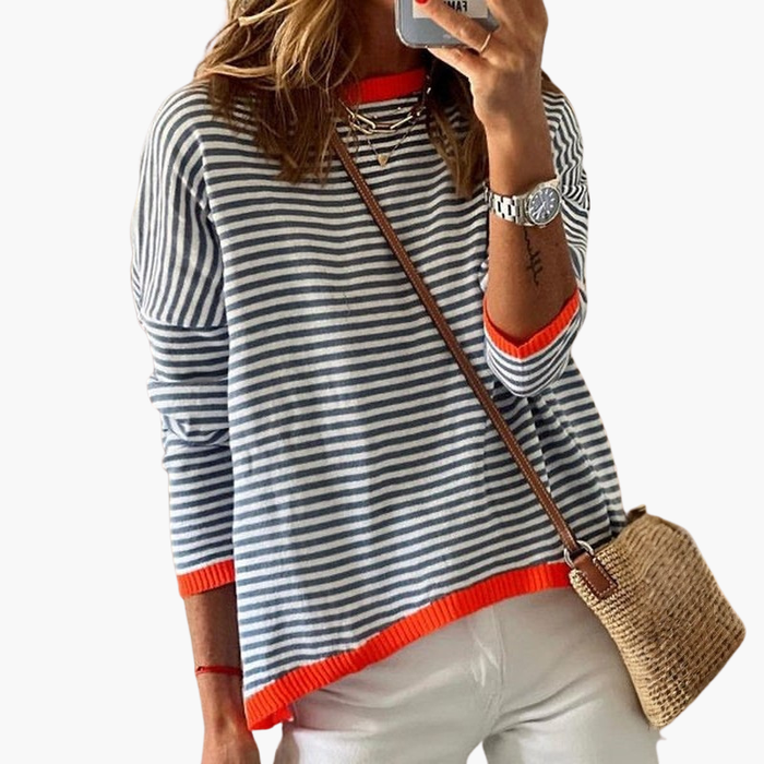 Top da donna a maniche lunghe a righe con bordo a contrasto
